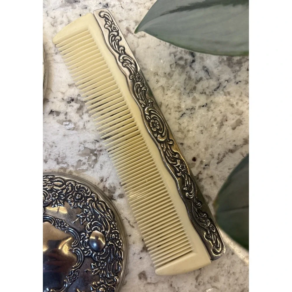 VTG Silver‎ Plate Vanity Mirror Set Hand Mirror Round Mirror Comb Ornate Floral